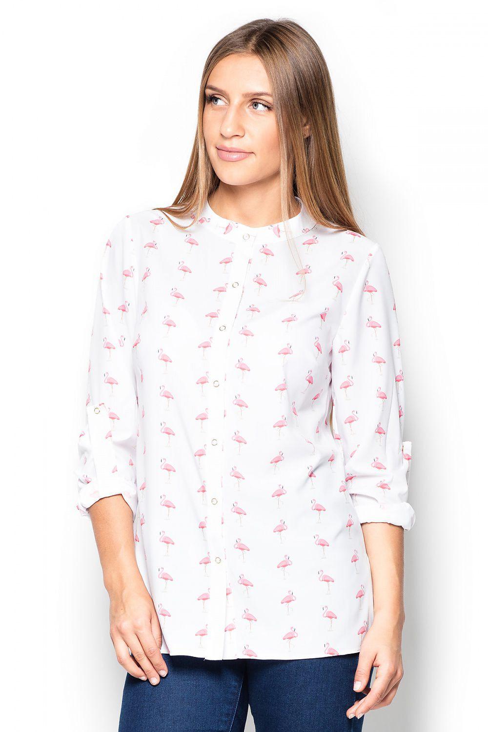 Long sleeve shirt in white with allover small print, round neckline, 3/4 sleeves