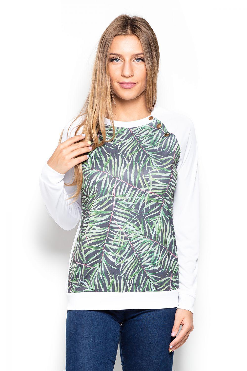 Katrus blouse with long sleeves, white base and green leaf print front