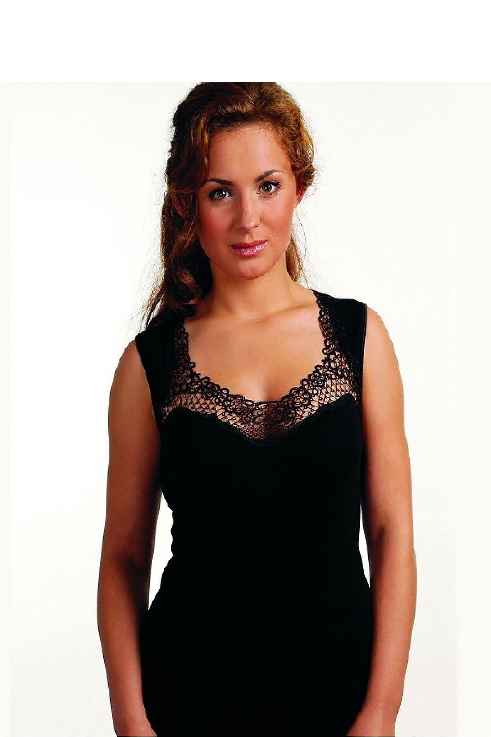 Black sleeveless cotton blouse with guipure lace trim and V neckline