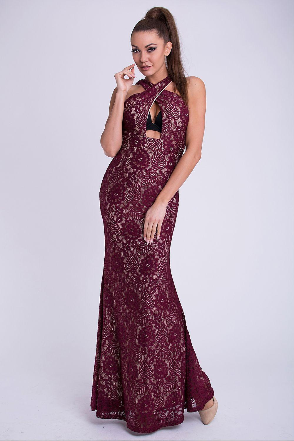 Burgundy lace maxi dress with sleeveless high neckline and fitted silhouette