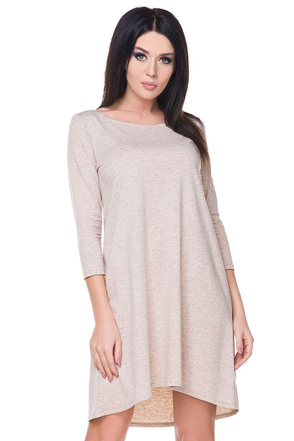 Beige daydress with 3/4 sleeves and asymmetrical hem