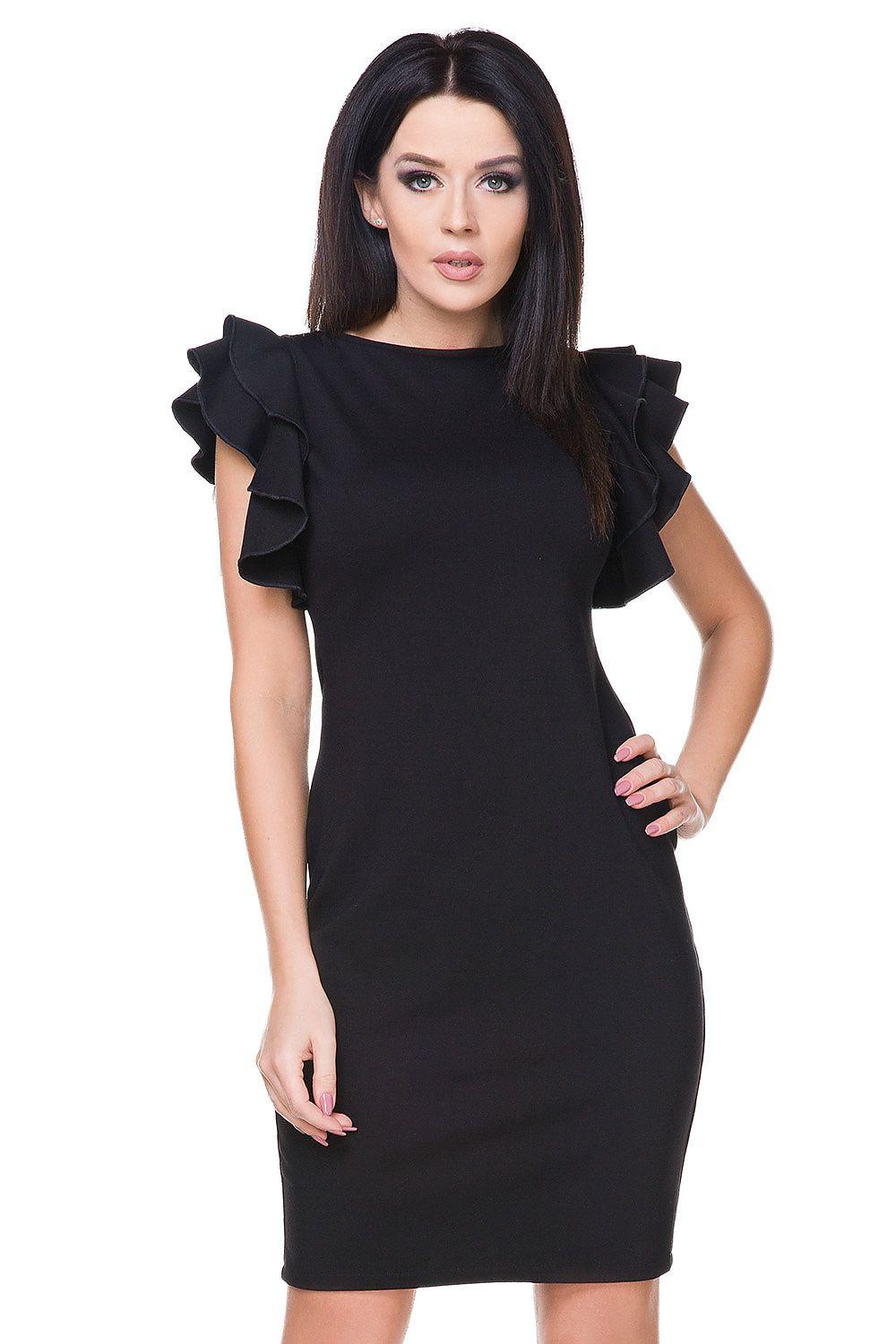 Tessita evening dress 76282 in black with ruffle cap sleeves and fitted sheath