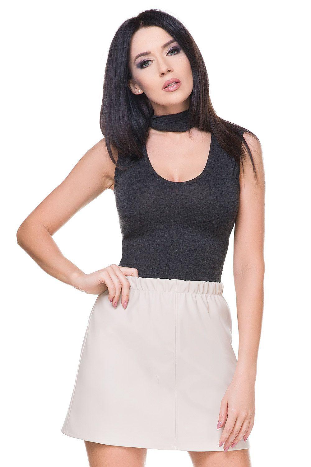 Stand-up collar sleeveless knit blouse, dark grey, fitted bodice
