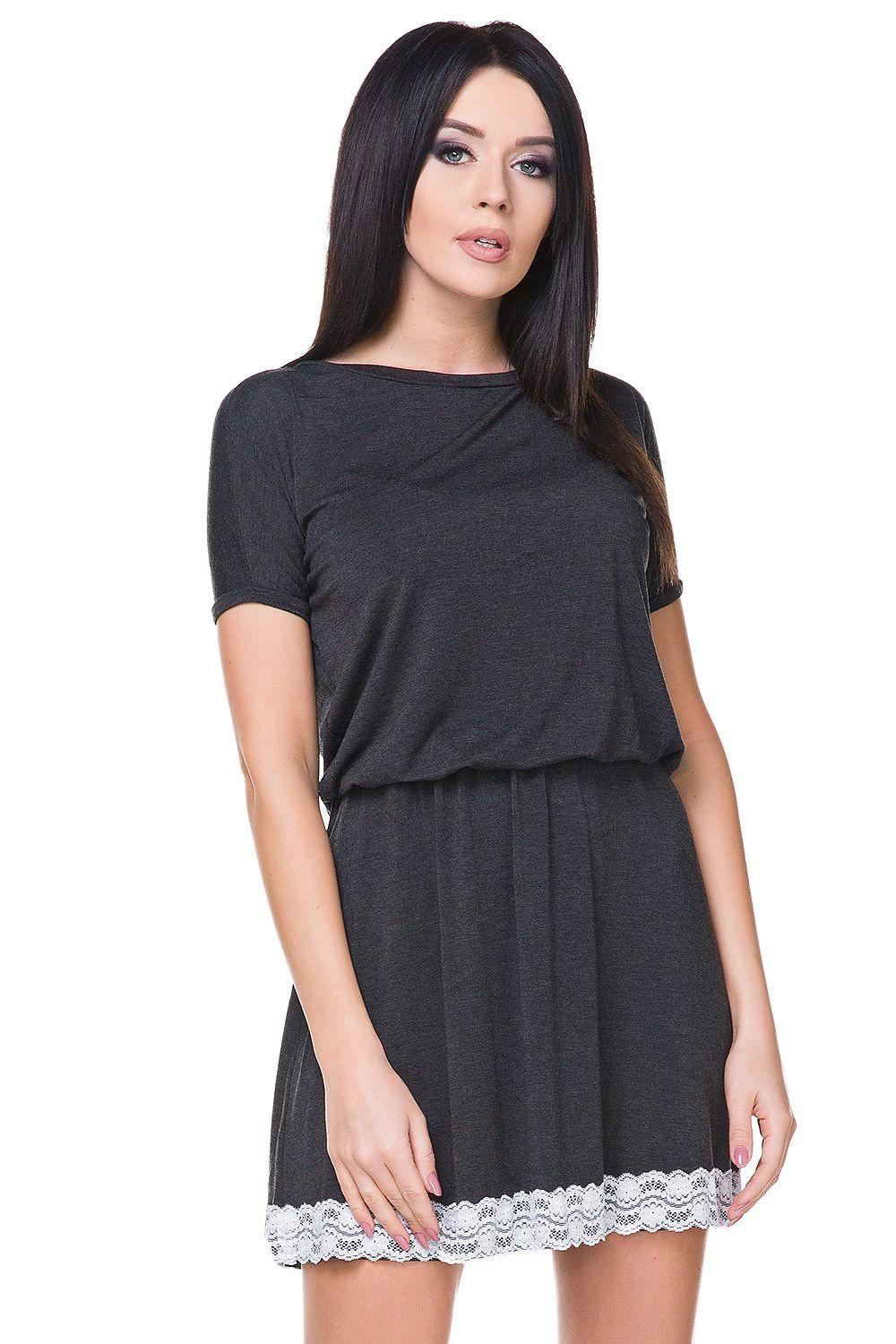 Grey short-sleeve daydress with lace-trim hem, draped waist