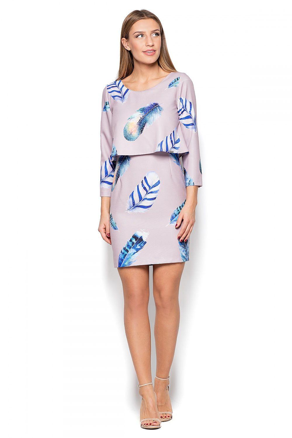 Beige daydress with blue leaf and feather print, 3/4 sleeves and waist belt