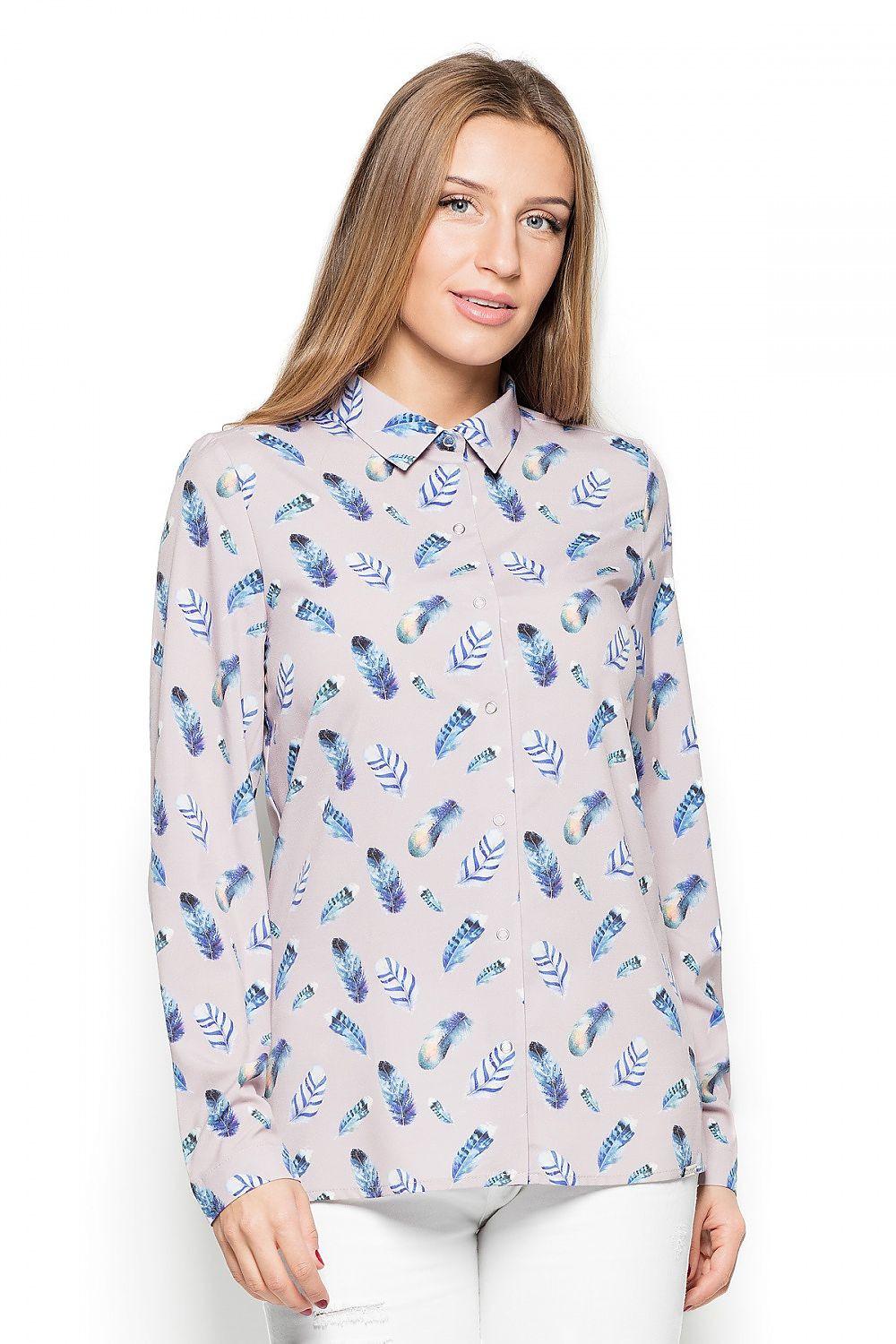 Long sleeve shirt, light base with blue feather print, collared neckline
