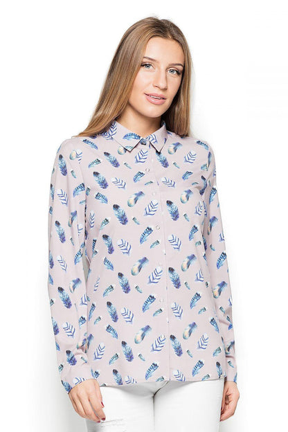 Long sleeve shirt, light base with blue feather print, collared neckline