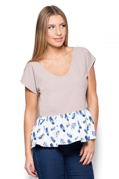 Beige blouse with scoop neck, short sleeves, and patterned peplum hem with ruffle
