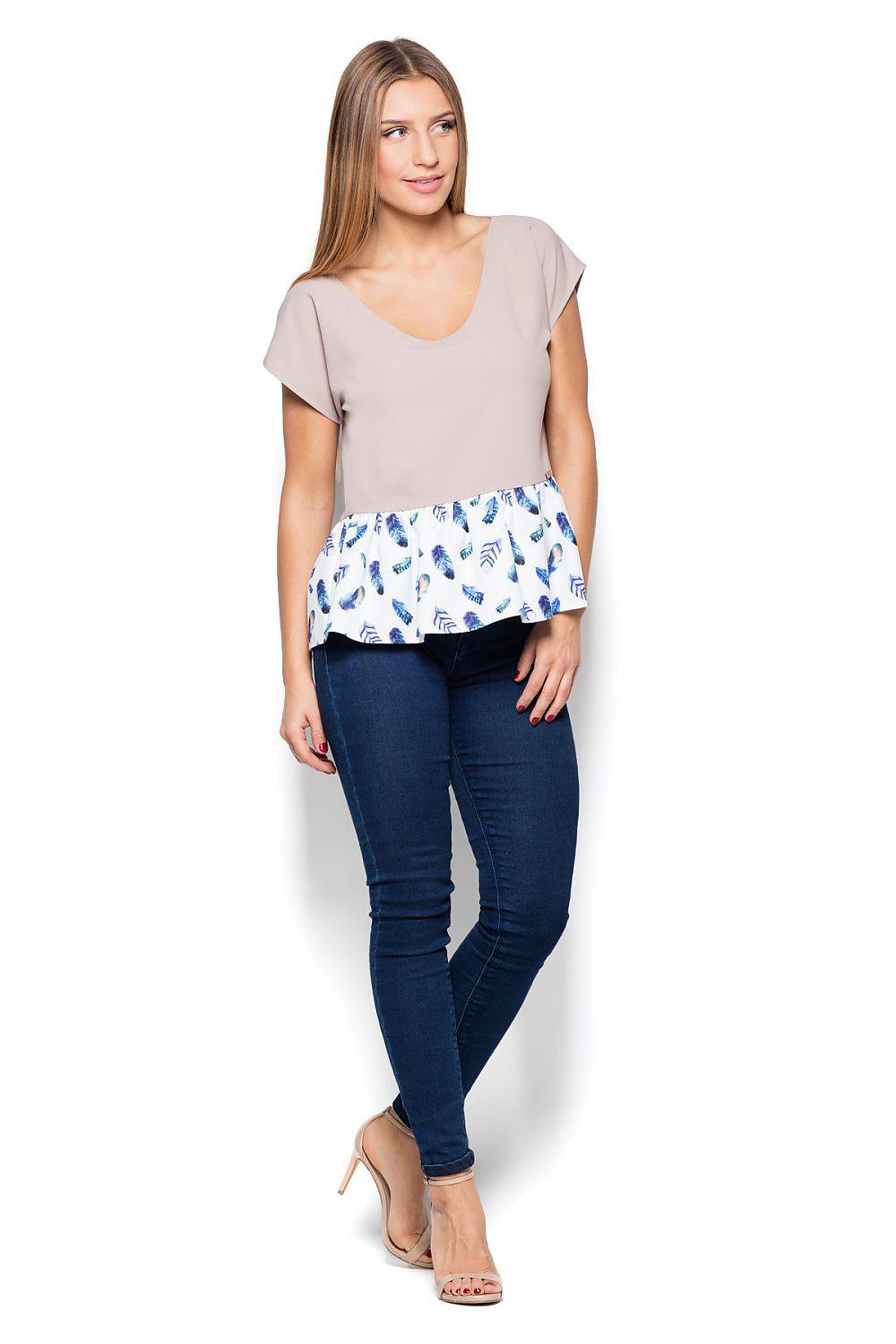 Beige blouse with scoop neck and short sleeves, featuring a patterned ruffled peplum hem
