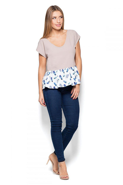 Beige blouse with scoop neck and short sleeves, featuring a patterned ruffled peplum hem