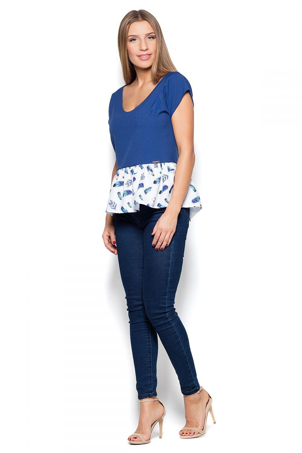 Blue blouse with scoop neck and short sleeves, with a patterned ruffled peplum hem