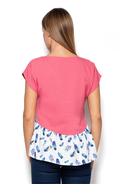 Pink blouse back view with short sleeves and patterned ruffled peplum hem