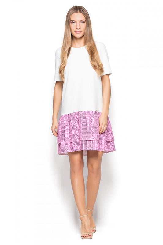 White daydress with patterned frill skirt and short sleeves