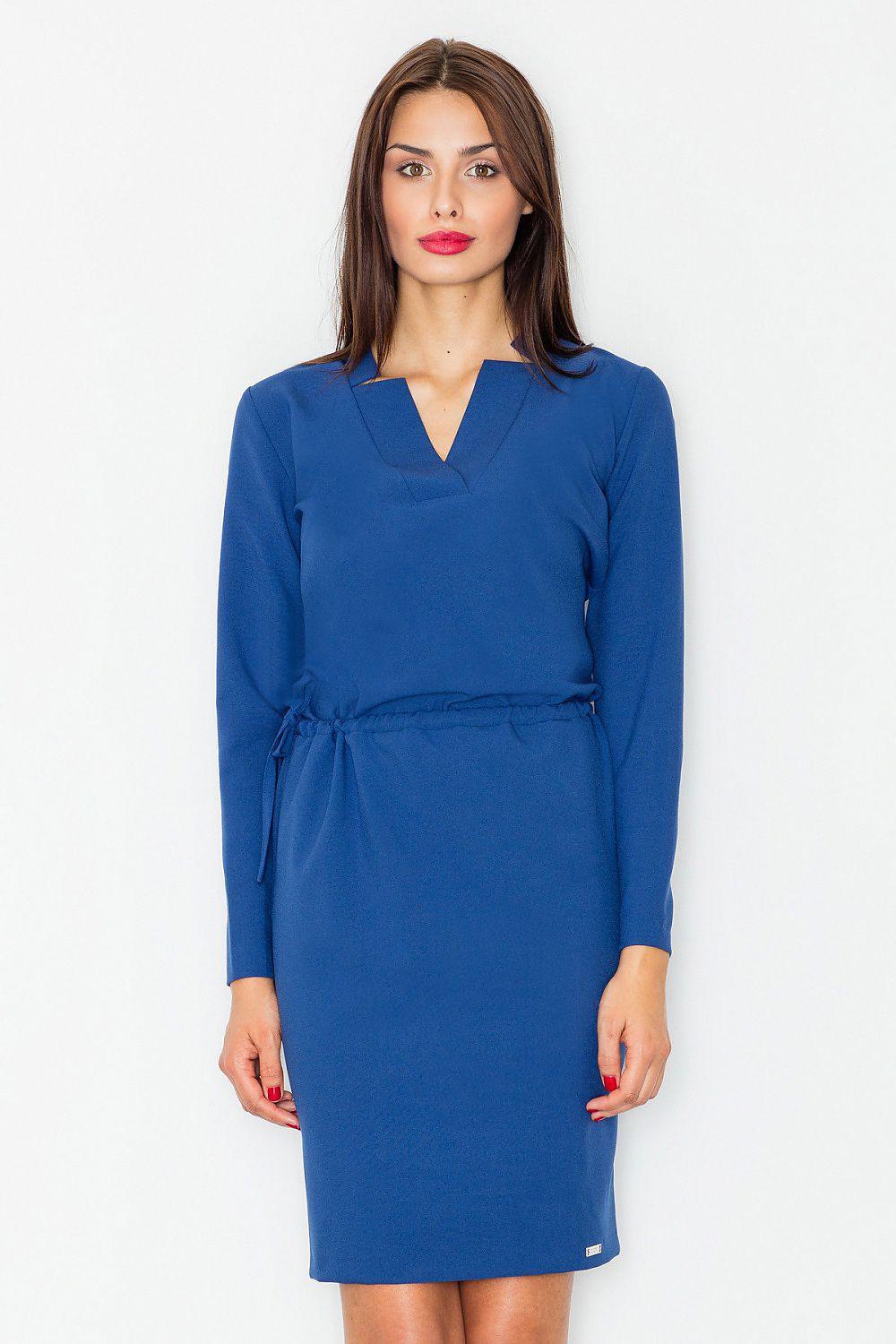 Navy daydress with V-neck, long sleeves, and gathered waist