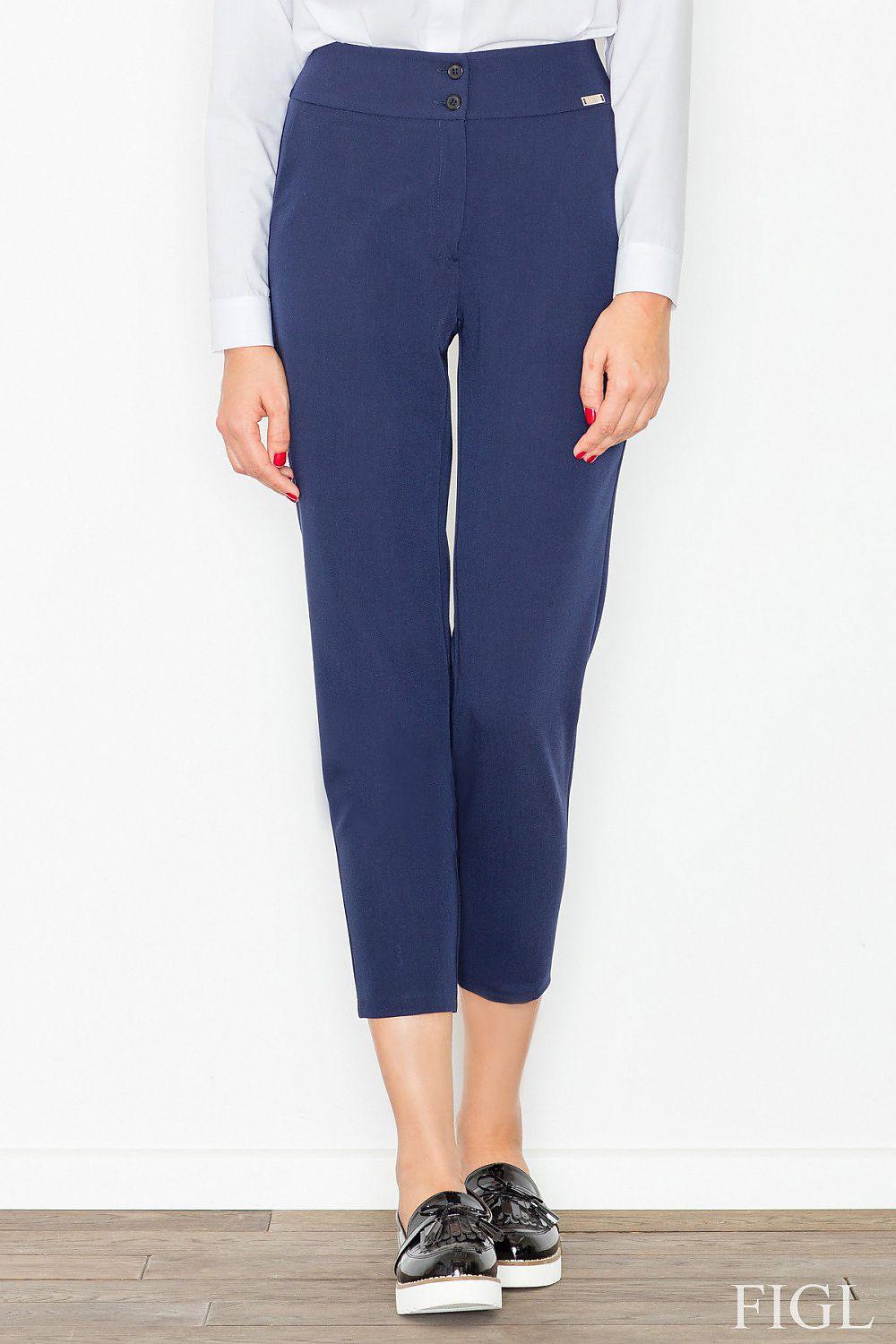 High-rise navy 7/8 trousers with belt loops and front button closure.