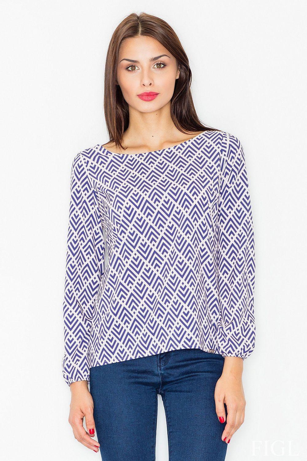 Geometric print blouse with long sleeves, scoop neckline, navy and white