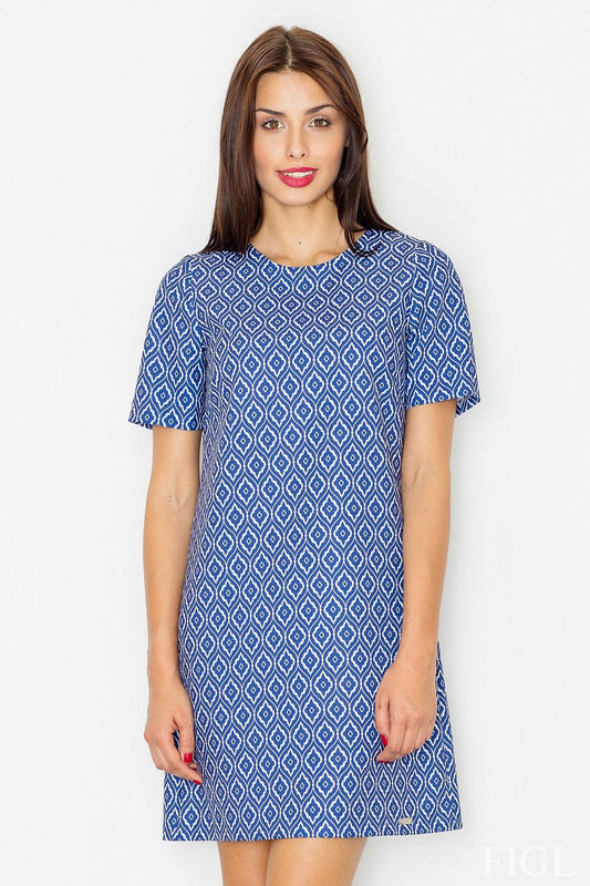 Geometric print day dress with short sleeves, crew neck, blue with white pattern