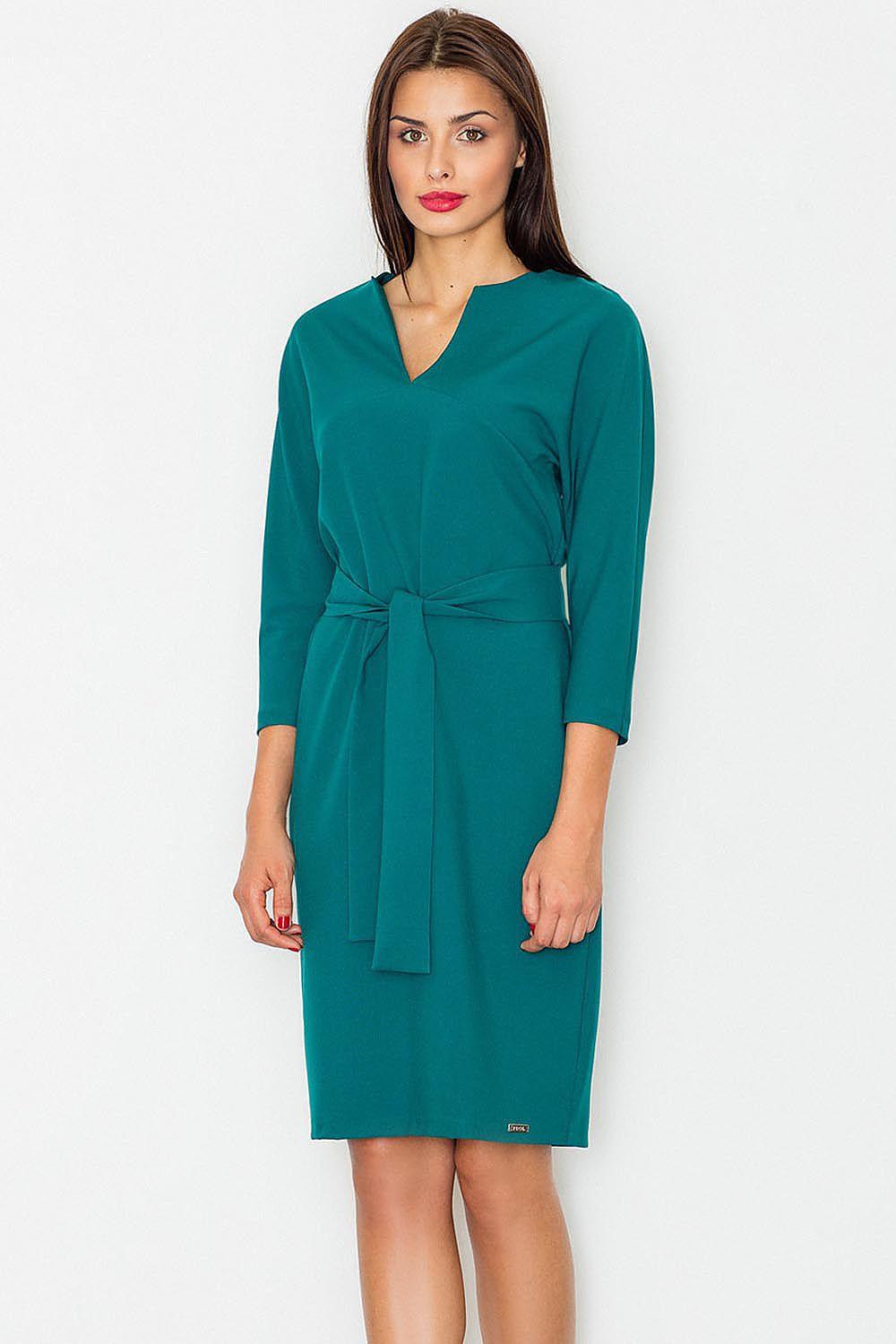 Green V-neck daydress with 3/4 sleeves and waist tie belt, knee length.