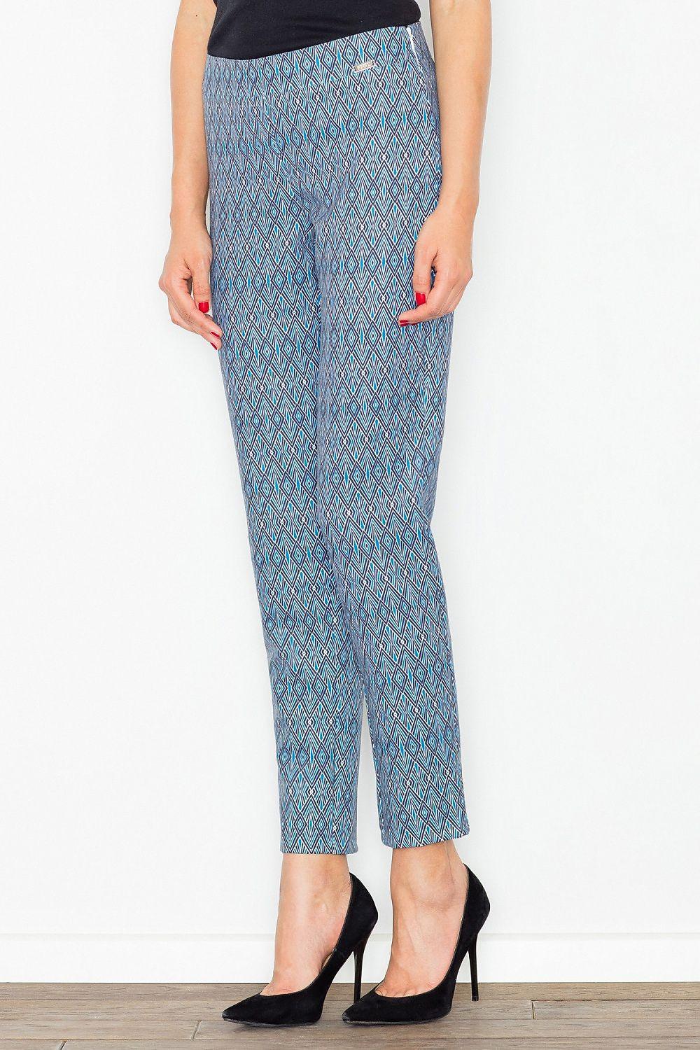 High-waisted trousers in light blue with geometric print, straight legs