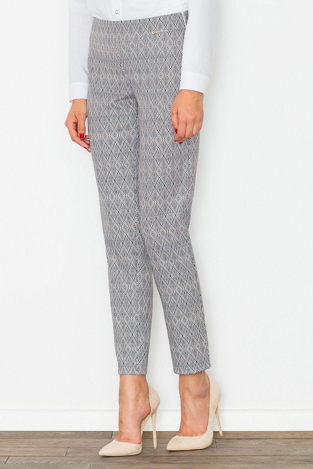 Figl women's high-waisted trousers, light gray geometric diamond print, slim fit