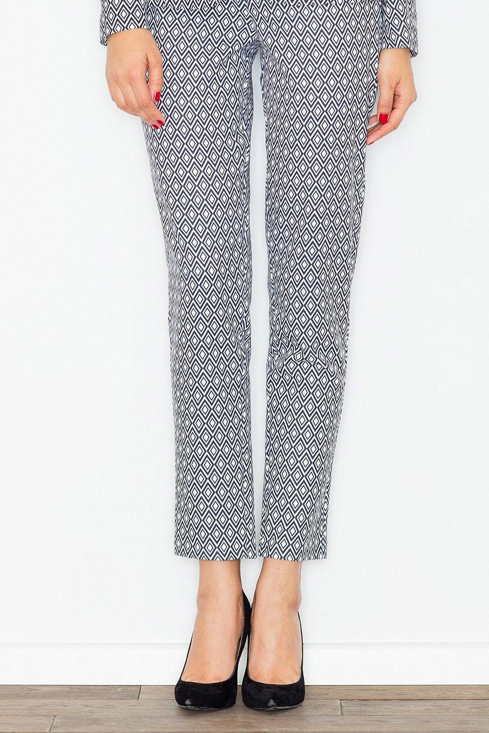 High-waisted trousers with geometric print, gray and white, straight-leg fit