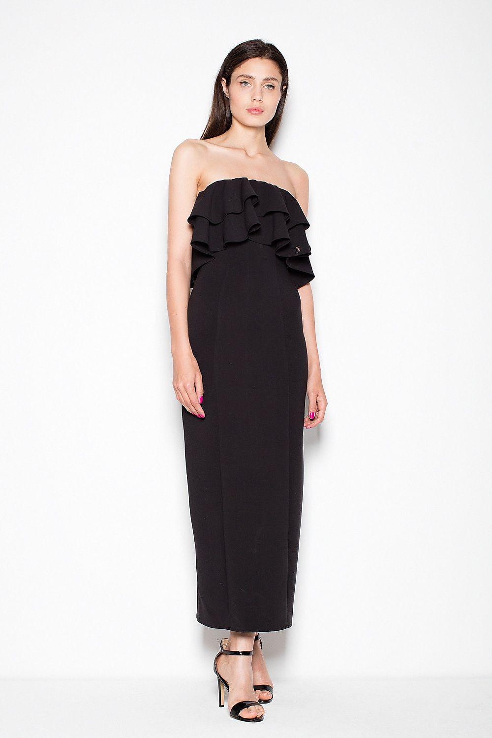 Long black strapless dress with layered ruffle bodice, fitted midi skirt