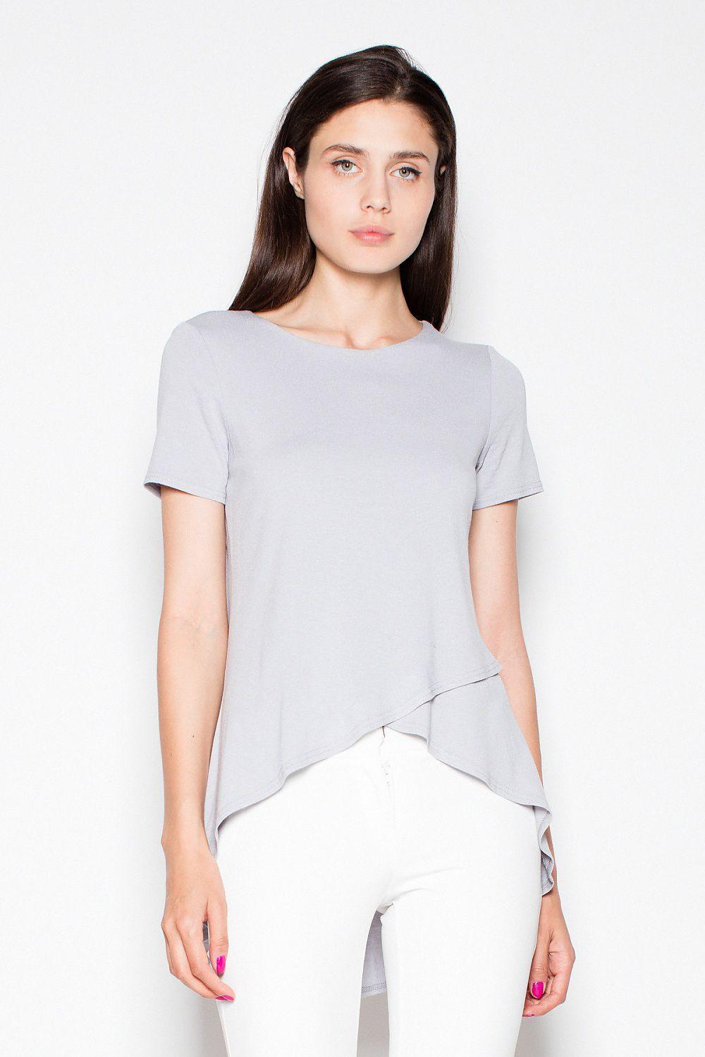 Venaton blouse, short-sleeve grey top with asymmetrical curved hem