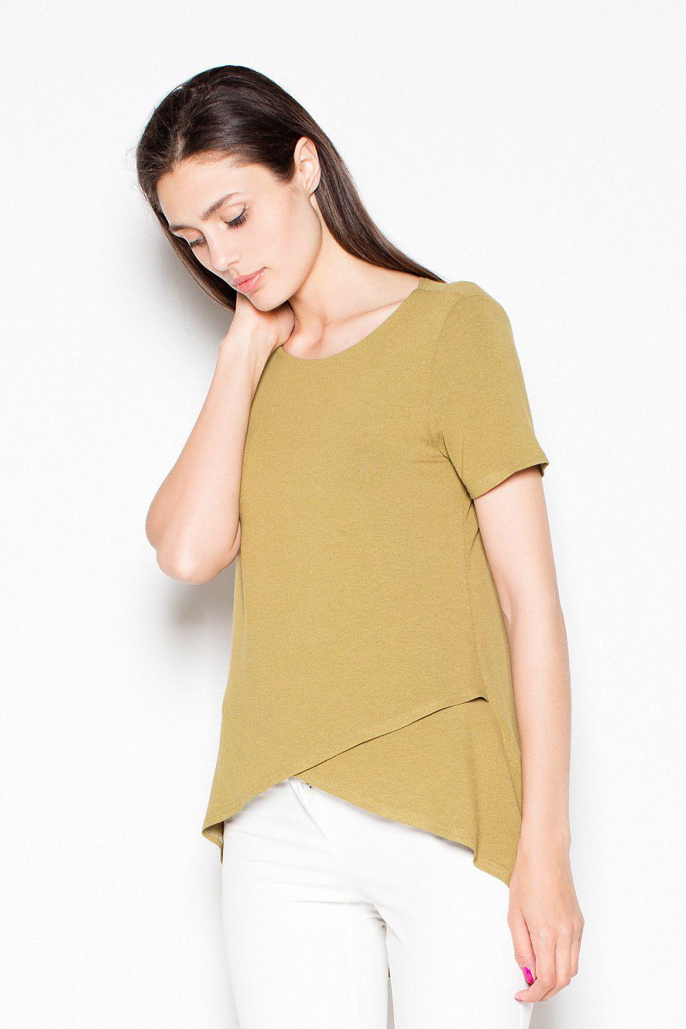 Venaton blouse, short-sleeve olive green top with asymmetrical curved hem