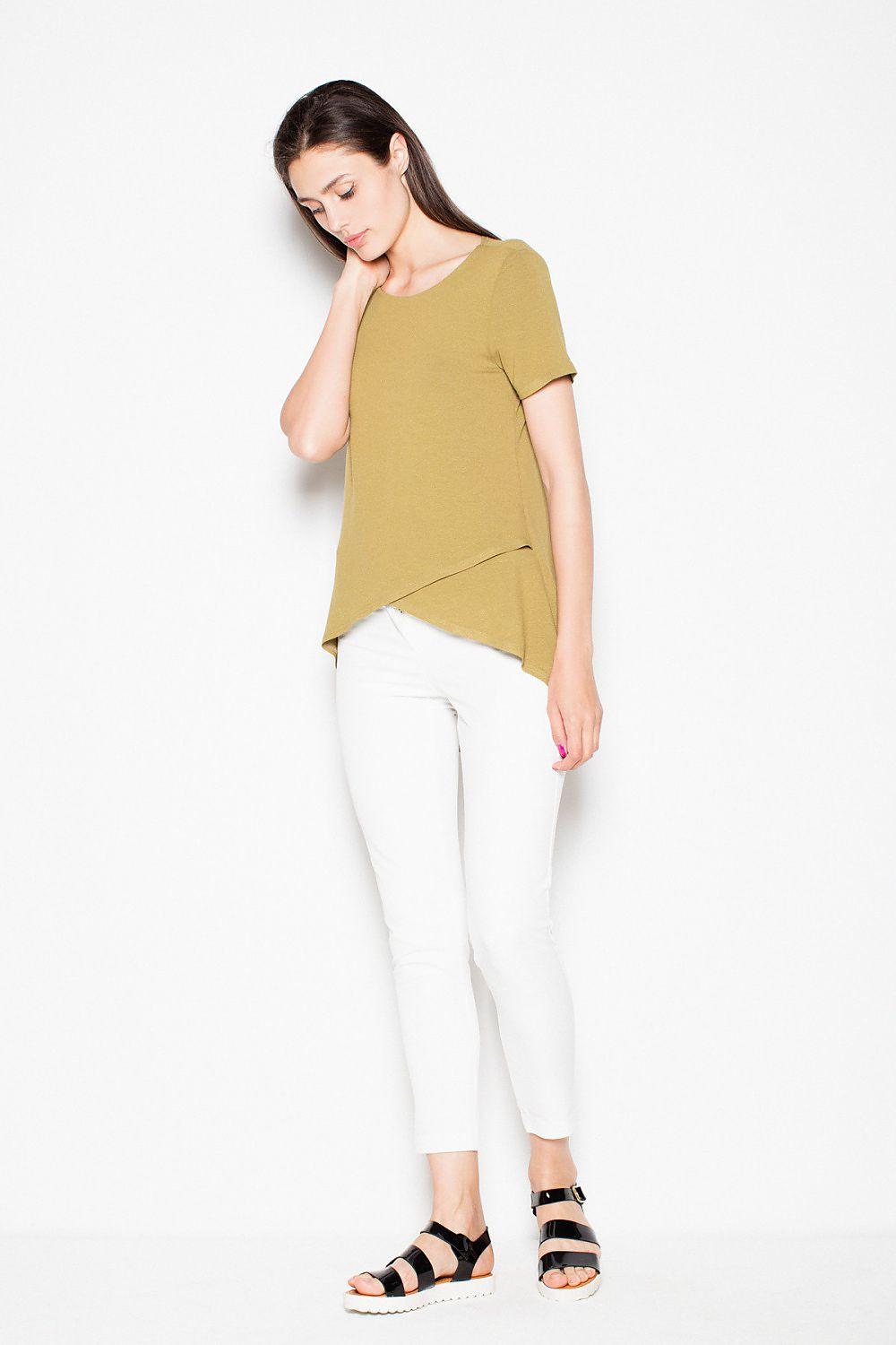 Venaton blouse, olive green short-sleeve top with draped asymmetrical hem