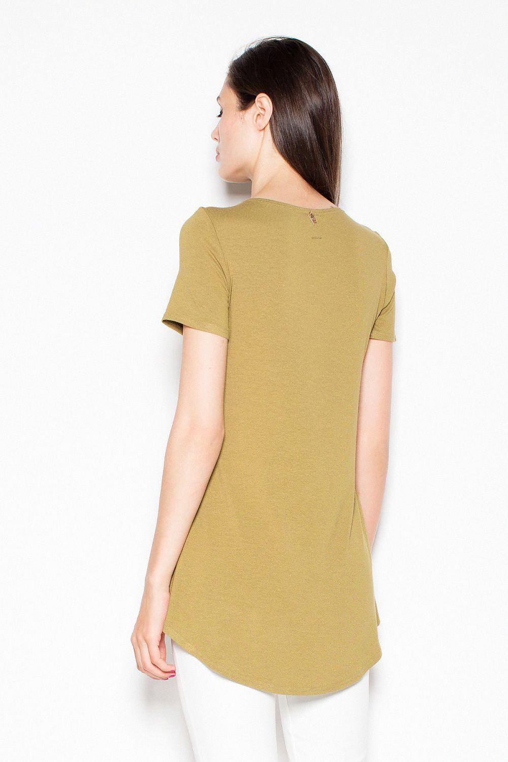 Venaton blouse back, olive green short-sleeve with curved hem