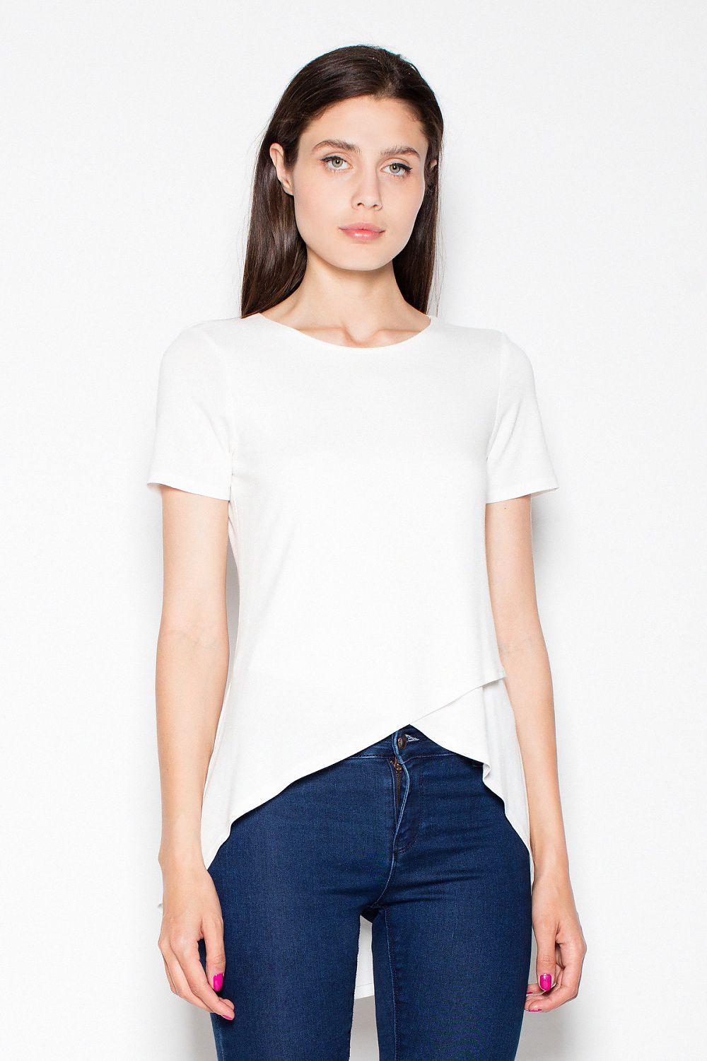 Venaton blouse, short-sleeve white top with asymmetrical curved hem