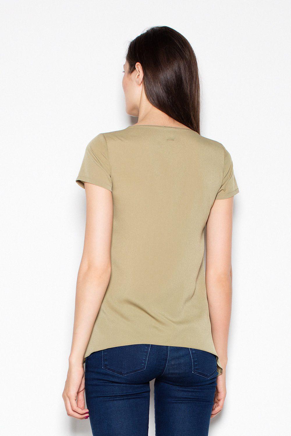 Green back-view crew-neck short-sleeve blouse with curved high-low hem