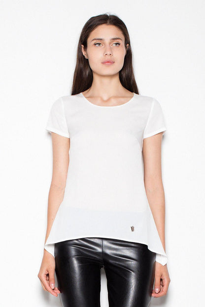 White crew-neck short-sleeve blouse with curved high-low hem