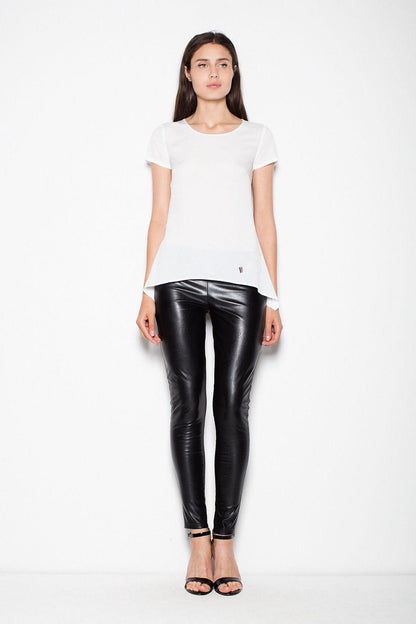 White crew-neck short-sleeve blouse with curved high-low hem