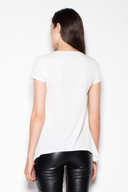 White back-view crew-neck short-sleeve blouse with curved high-low hem