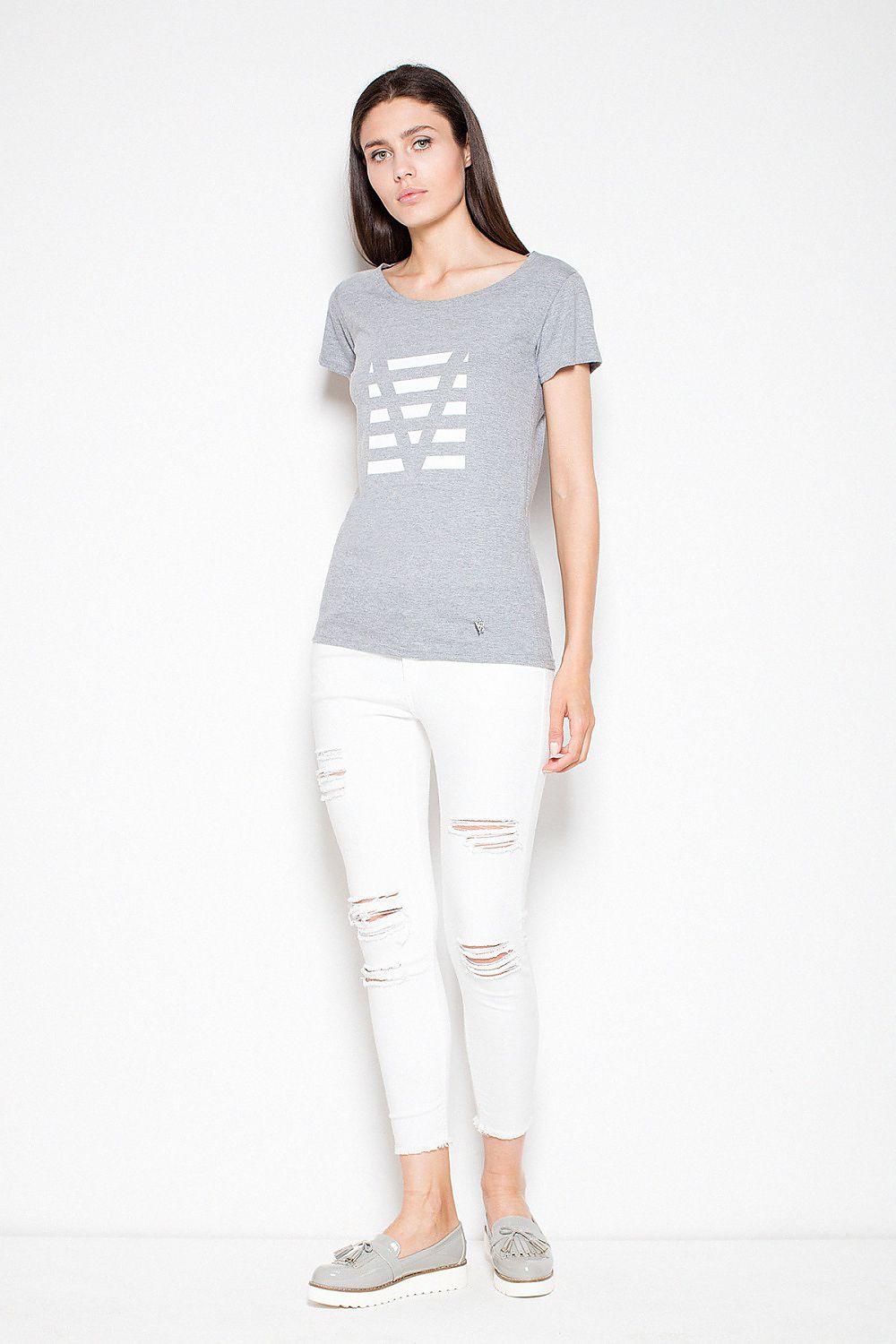 Grey short-sleeve blouse with geometric V graphic at front