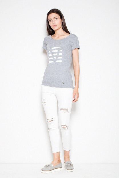 Grey short-sleeve blouse with geometric V graphic at front