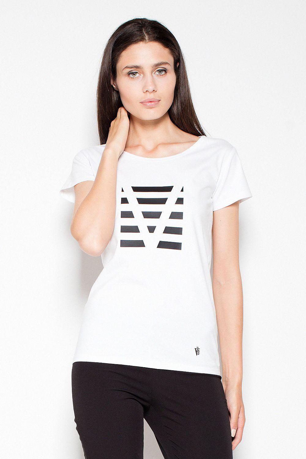White short-sleeve blouse with geometric V graphic at front