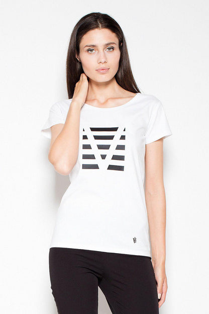 White short-sleeve blouse with geometric V graphic at front