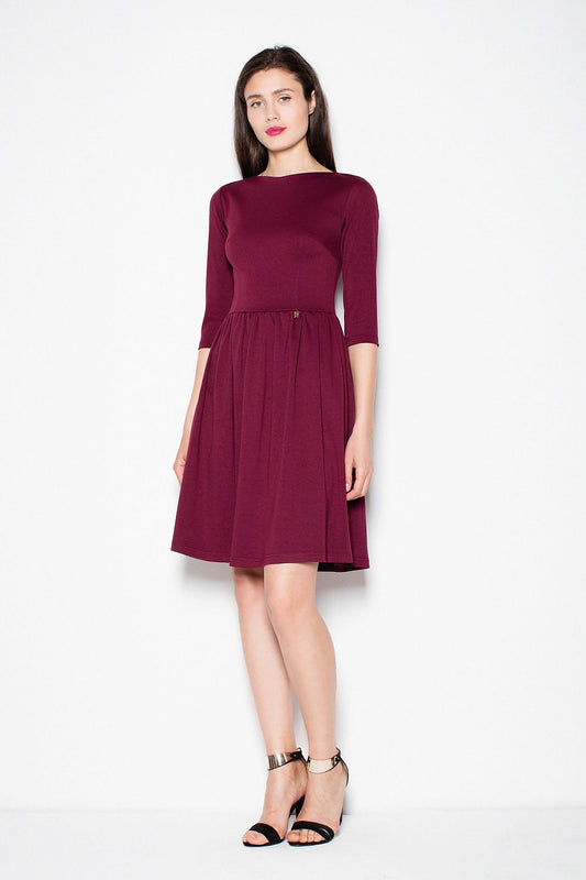 Women’s day dress in dark red, 3/4 sleeves, round neck, gathered skirt
