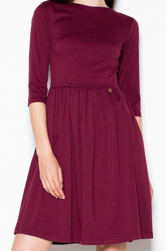 Women’s day dress dark red with round neckline and pleated gathered skirt