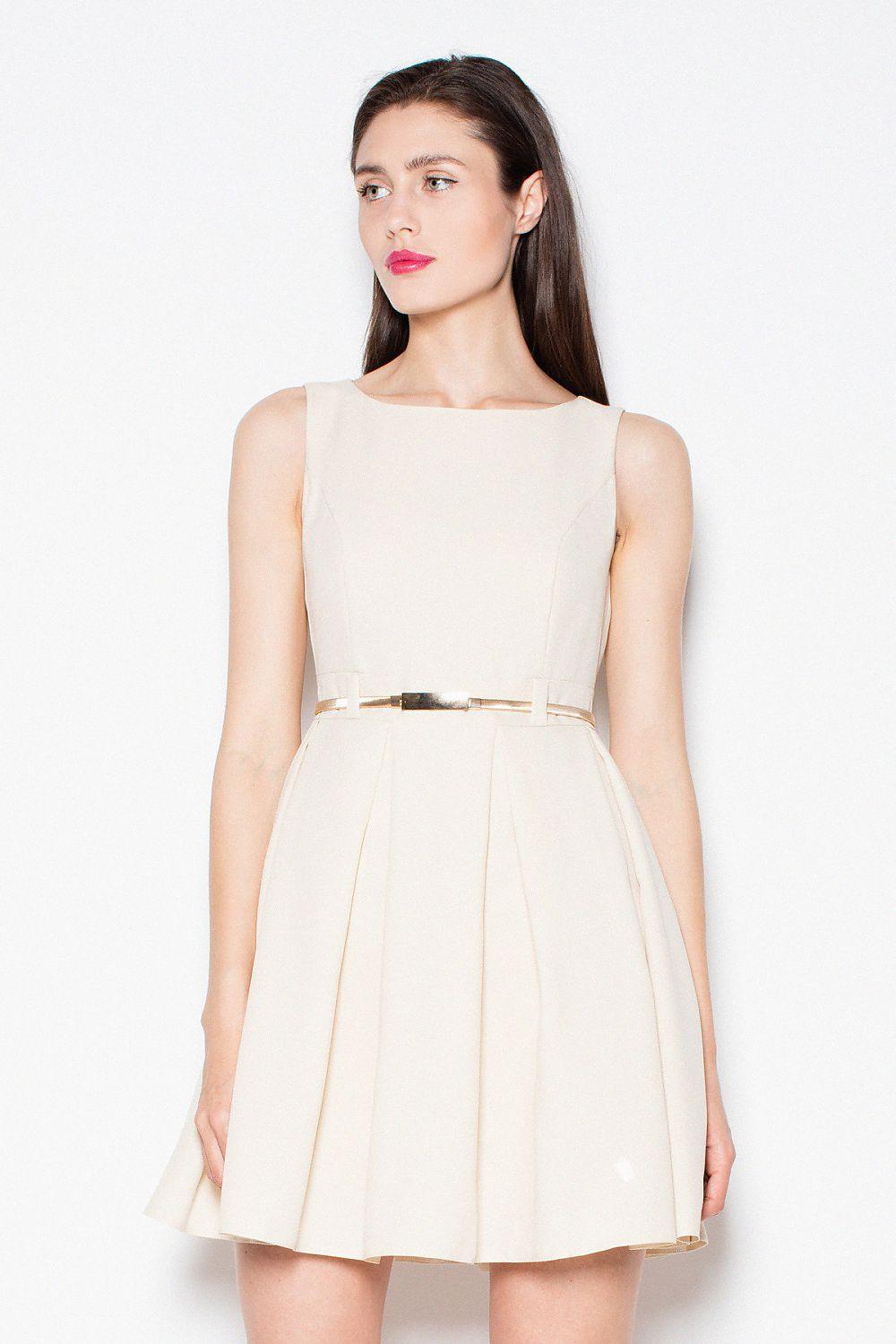 Beige cocktail dress with sleeveless bodice and belted waist, pleated skirt