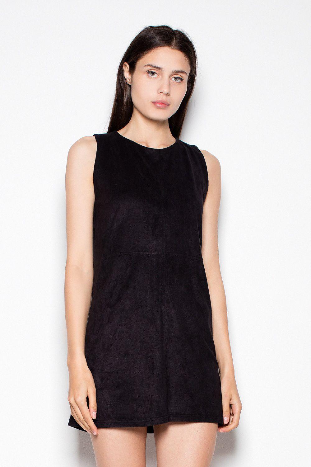 Black sleeveless daydress with round neck and straight short hem.