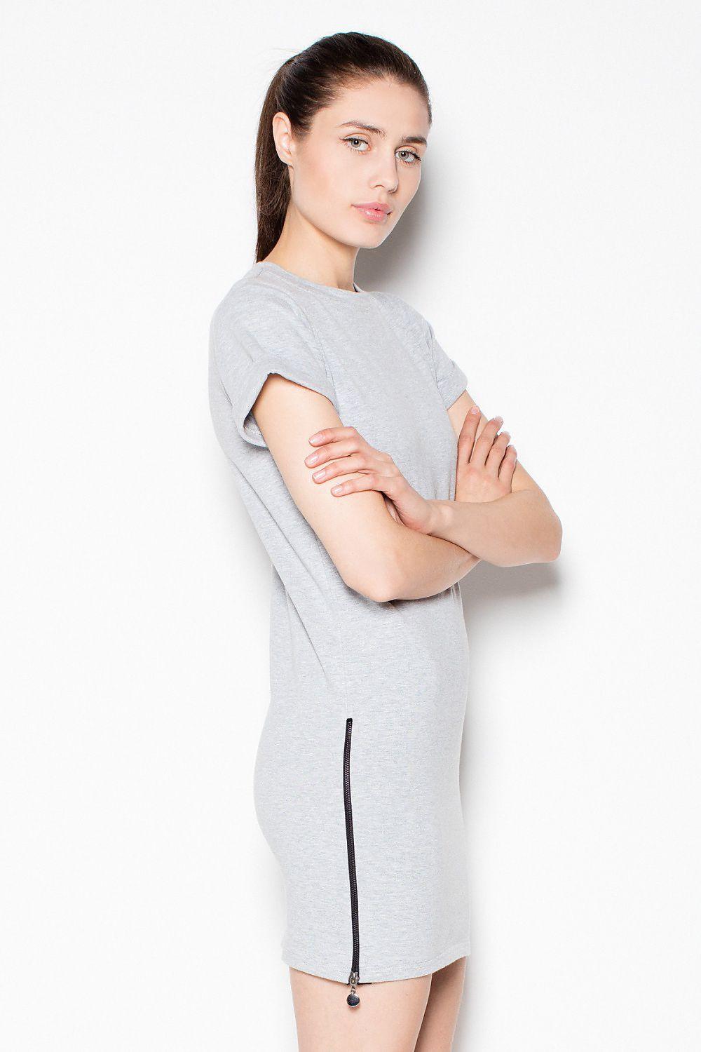 Grey short-sleeve daydress with side zipper and black trim, straight hem