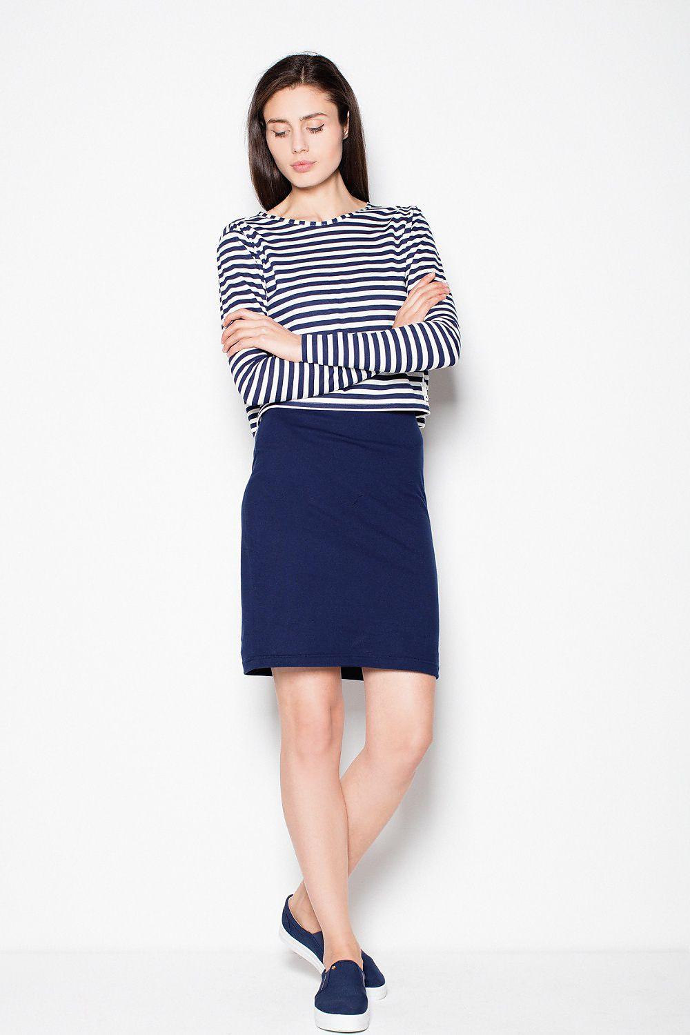 Navy blue daydress with white striped long sleeves and fitted waist, short skirt.