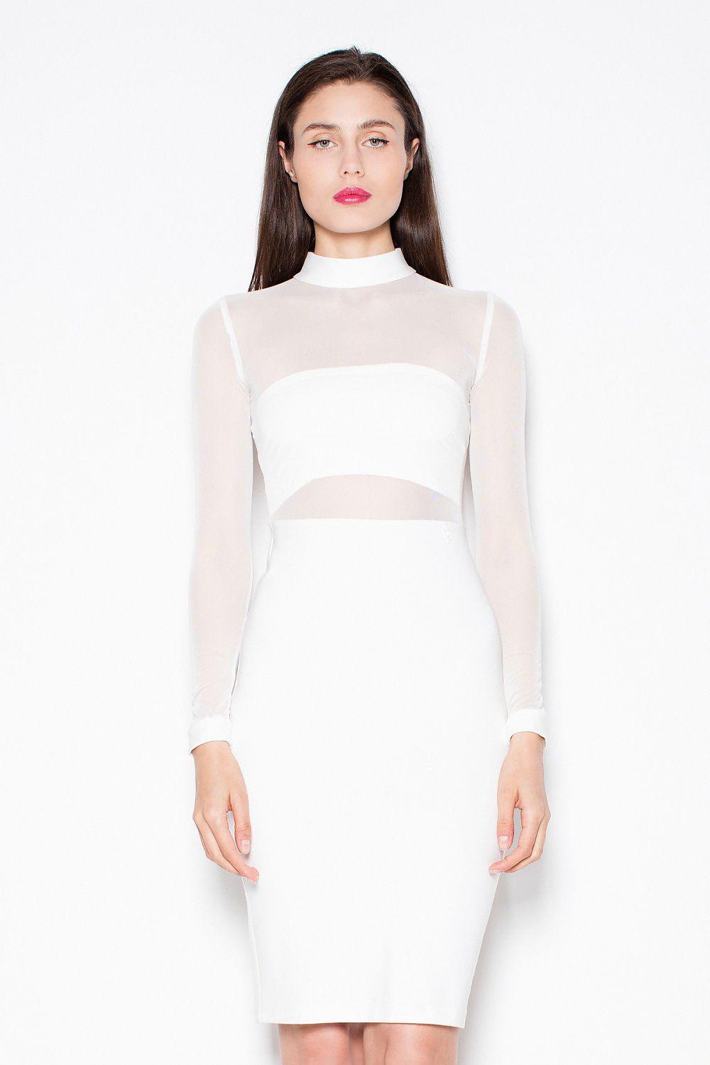 Beige evening dress with sheer long sleeves and high neckline, white fitted skirt