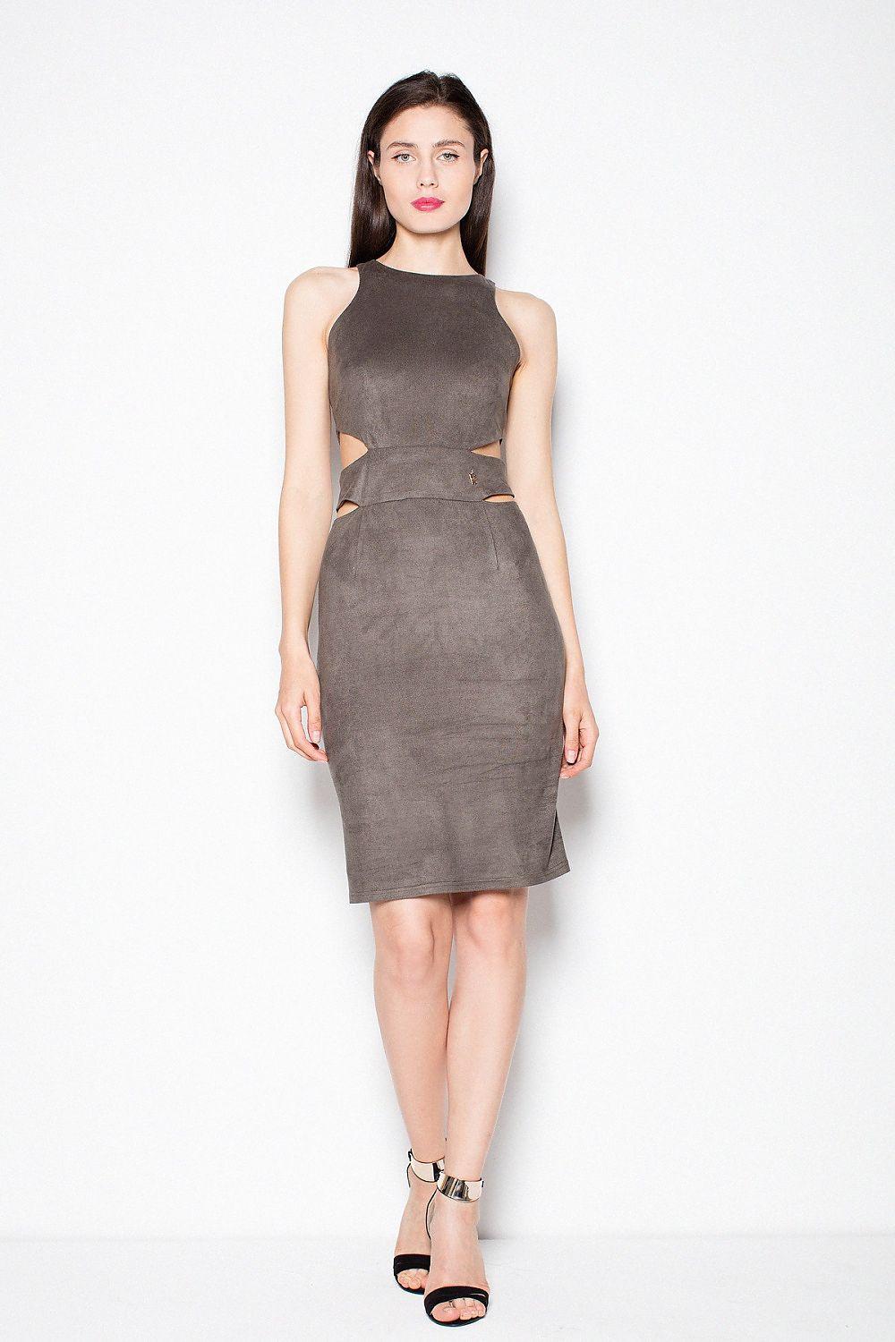 Evening dress in dark taupe with cutout waist and sleeveless high neck