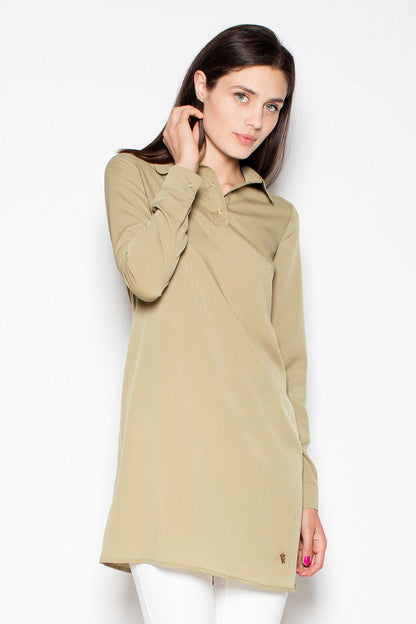 Olive long-sleeve knit blouse with button-up collar and hip-length hem