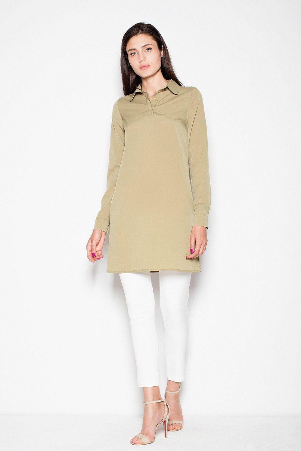 Venaton blouse 77262, olive green tunic cut, long sleeves, pointed collar