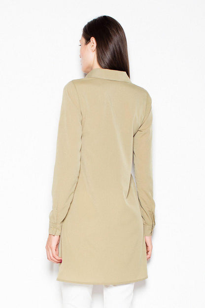 Venaton blouse 77262 in olive green, back view, long sleeves, pointed collar